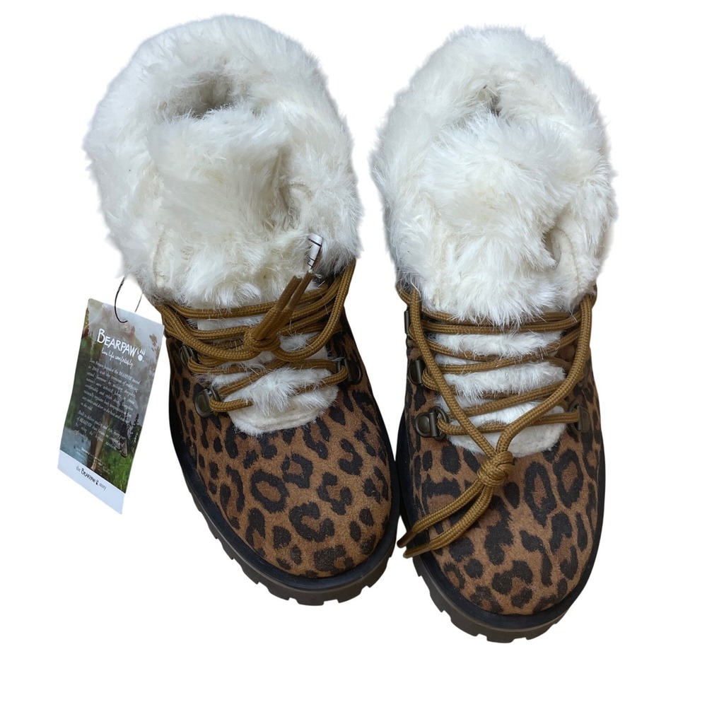 Bearpaw Women's Size 6 Leopard‎ Print Faux Fur Trim Winter Snow Boots NWT